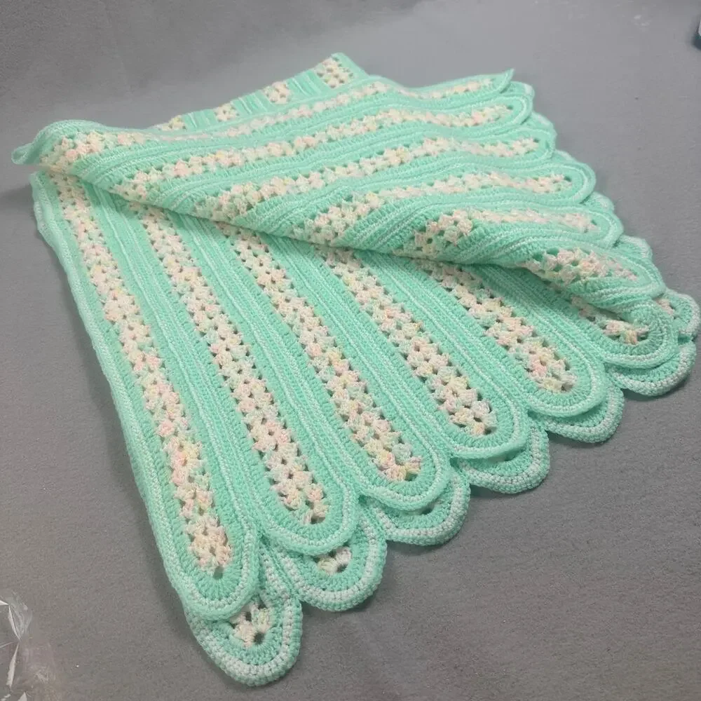 VTG Handmade Crochet Baby Blanket 42x32 Mint Green Pink Pastel Afghan Scallop